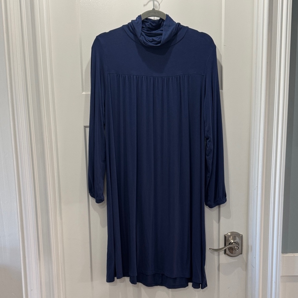 The Nines by HATCH Navy Long-Sleeve Draped Neck Swing Dress